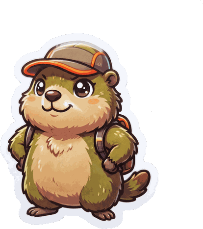 Marmott, la mascotte marmotte de Trail & Road, en casquette et sac de trail